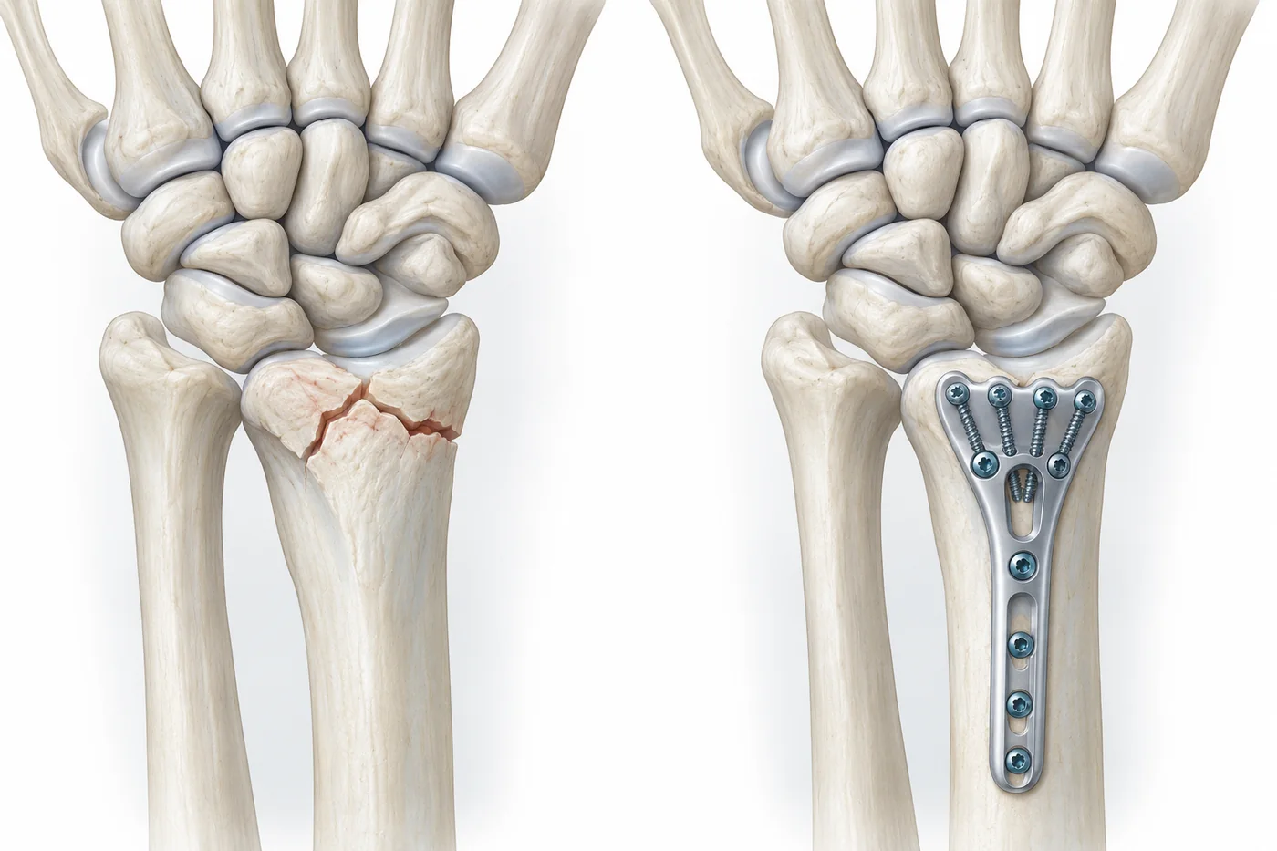 Medical illustration of a distal radius fracture before and after plate and screw fixation
