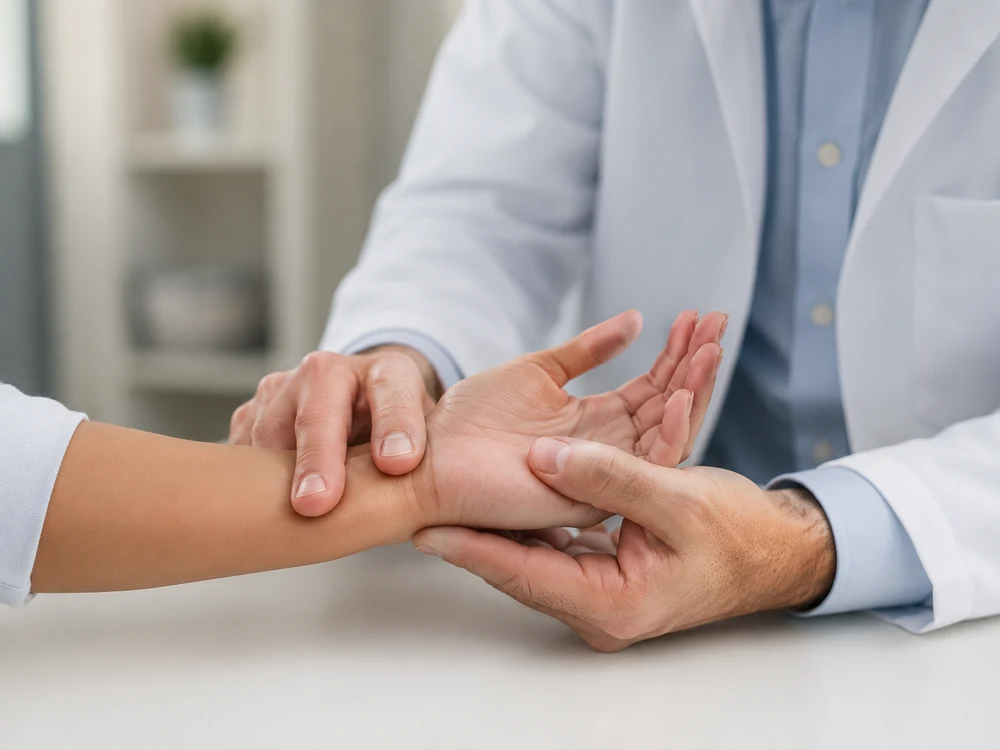 A clinician examining a patient’s hand and wrist