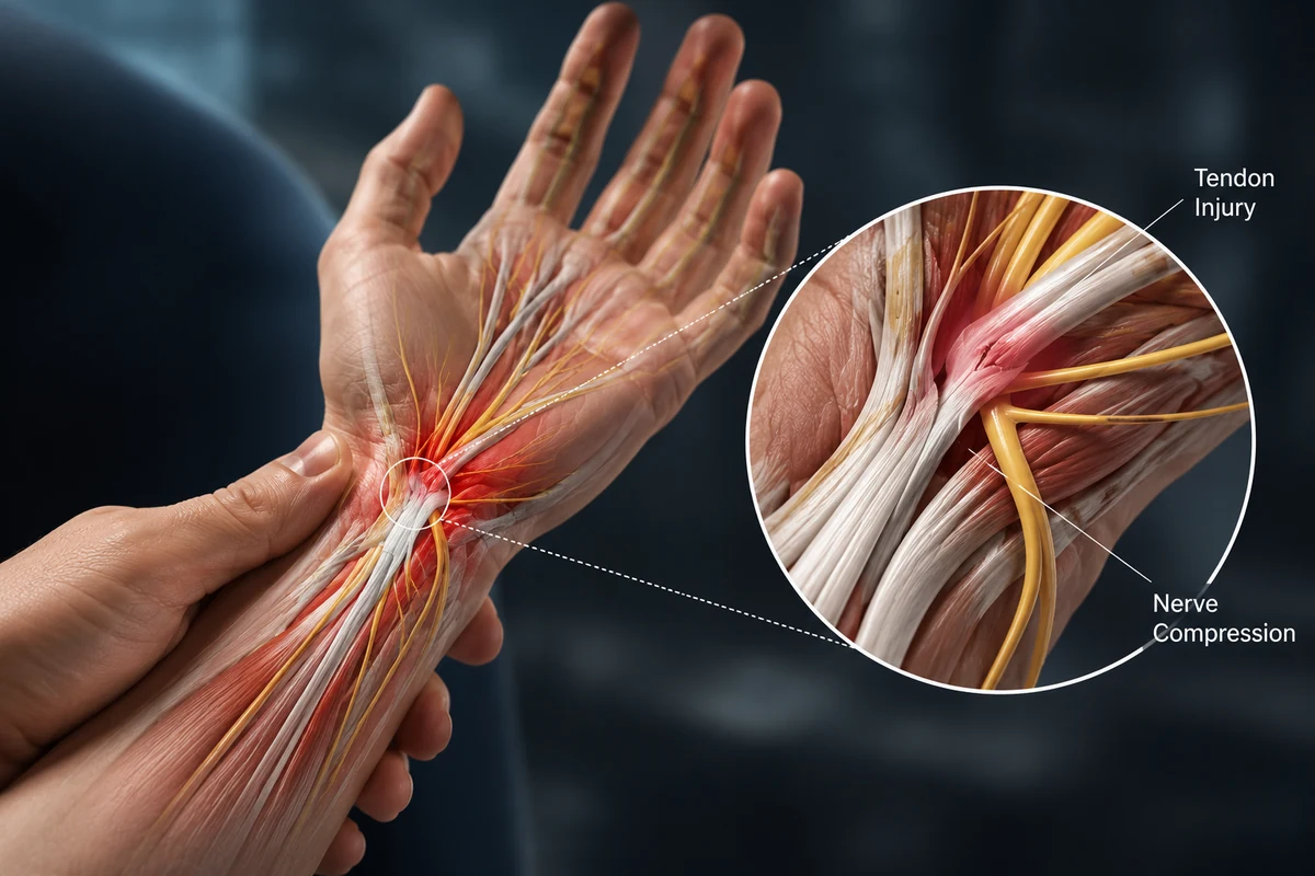 Hand and wrist tendon and nerve injury illustration