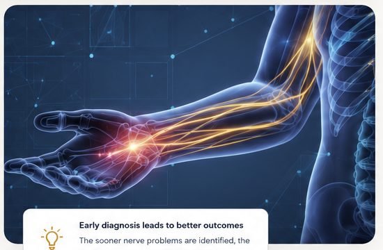 Medical illustration of nerves travelling from the arm into the hand