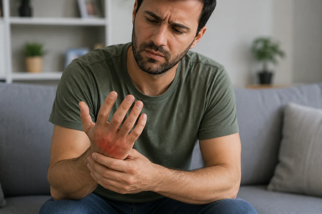 Person experiencing numbness and tingling in the hand