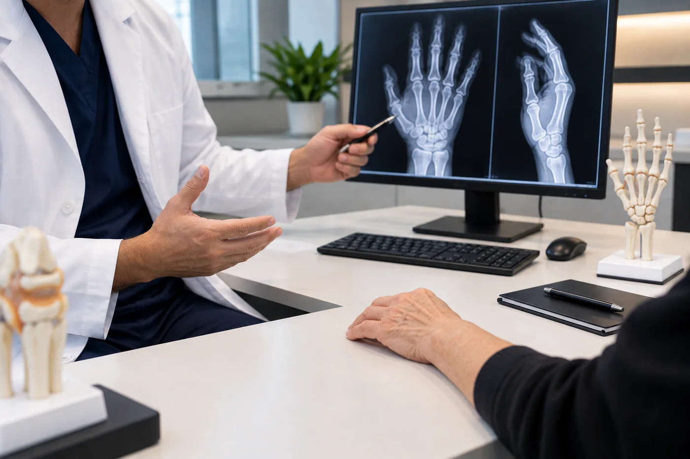 Consultant reviewing hand X-rays with a patient in clinic