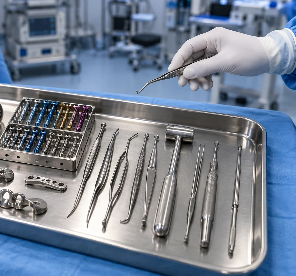 Sterile tray of small joint implants, screws and fine bone instruments