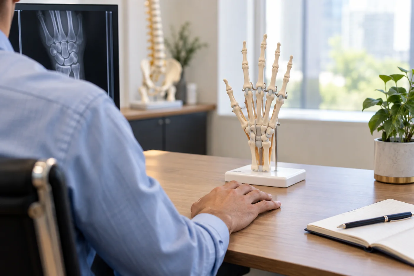 Consultant explaining hand anatomy with a skeleton model in clinic