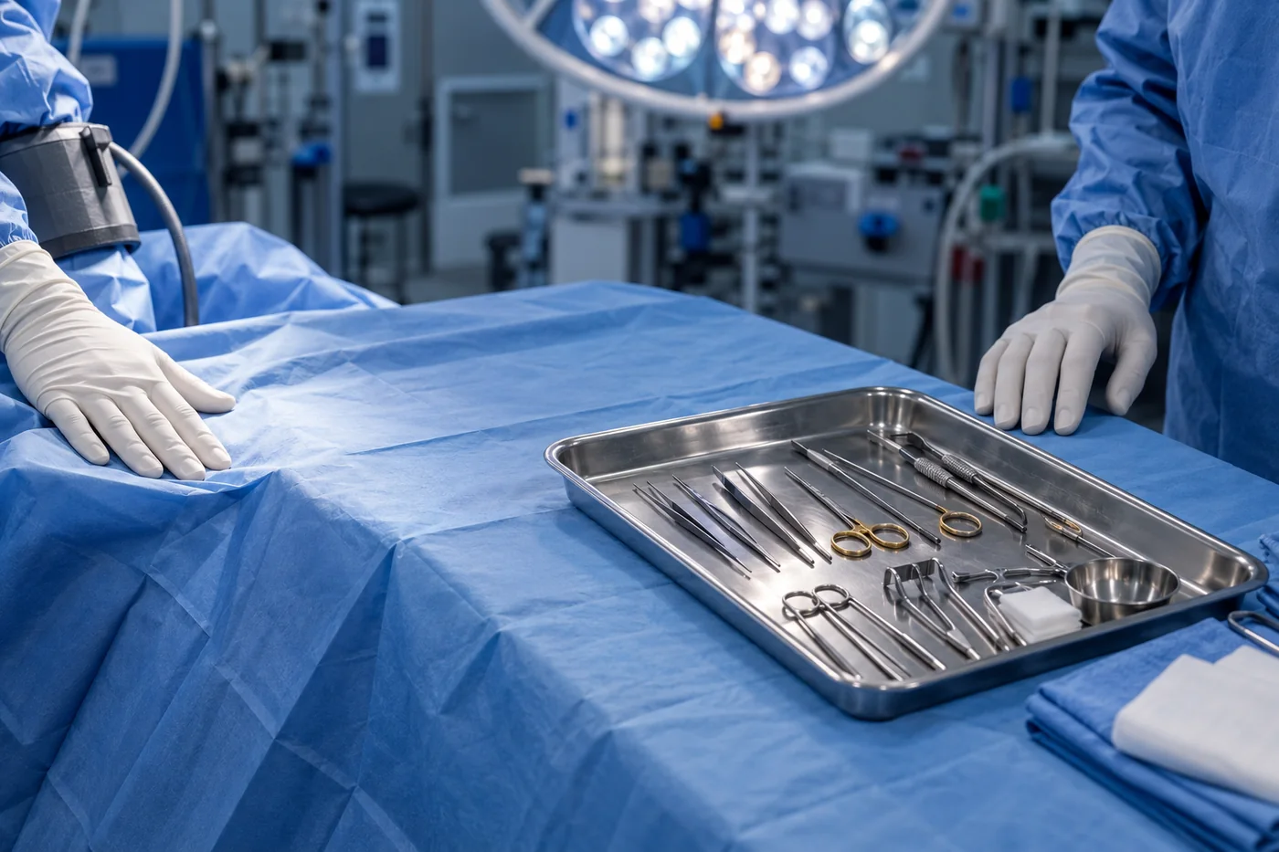 Hand surgery table prepared with sterile drapes and fine instruments