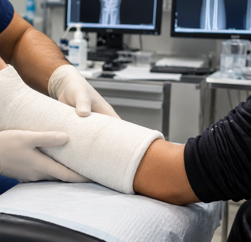Fibreglass cast applied to a wrist as non-surgical fracture treatment