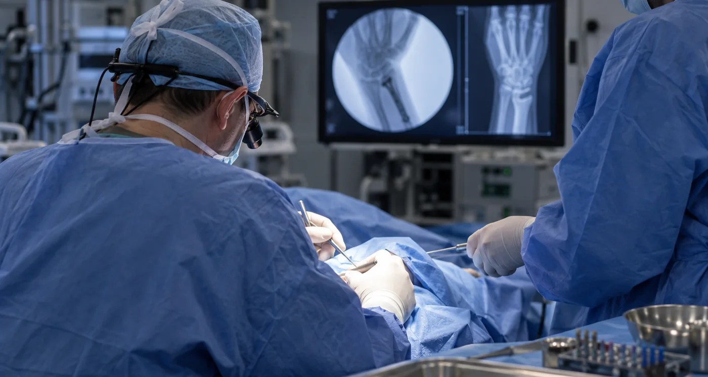 Fluoroscopy showing screw fixation of a wrist fracture during surgery