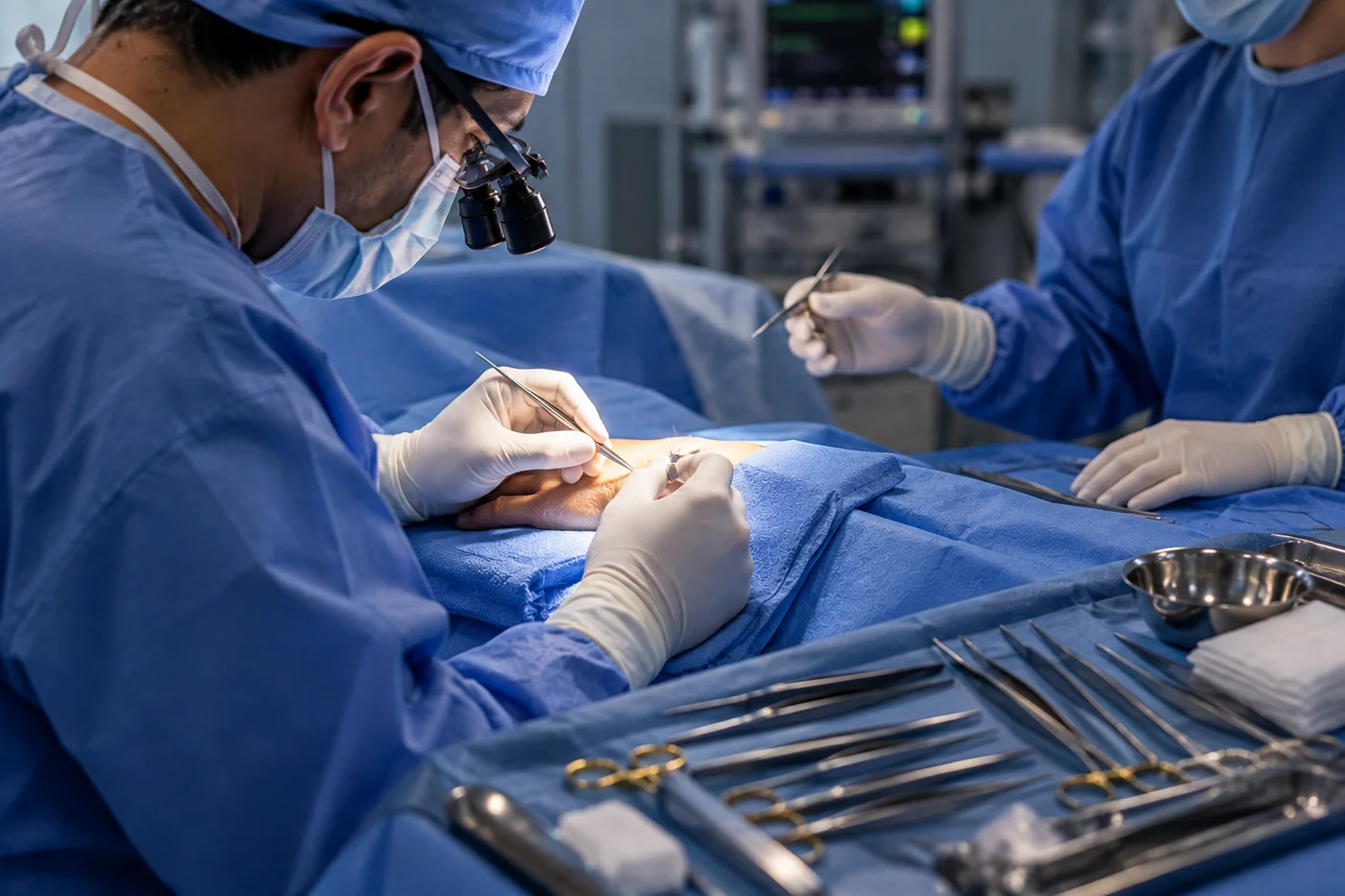 Hand surgeon performing tendon repair surgery in theatre
